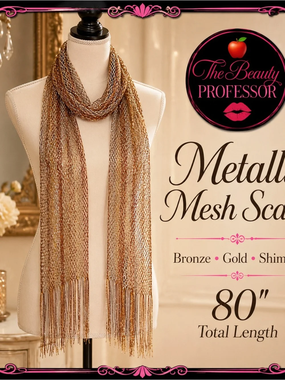 💞 Metallic Mesh Scarf Bronze Gold Shimmer Fringe Lightweight Evening Wrap